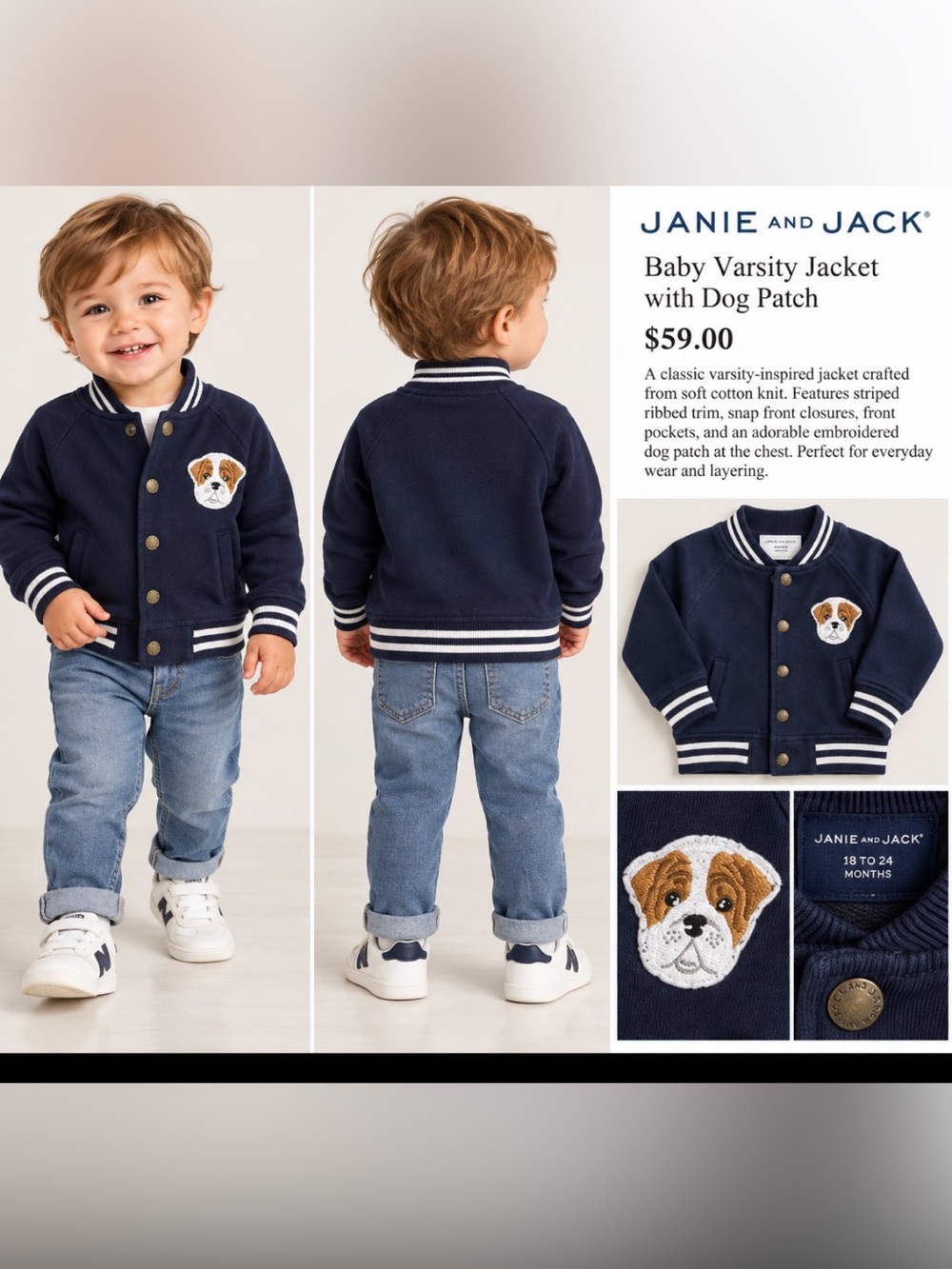 Janie and Jack Kids’ Navy Knit Varsity Jacket with Dog Patch, Size 18-24M